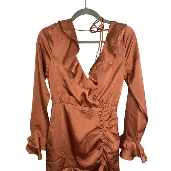 MAJORELLE Nelly Mini Dress Surplice Shirred Ruffle Detail Terracotta Brown Small